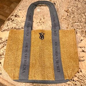 Victoria's Secret Tan and Blue Tote Bag Beach NWT New Straw Cruise Jean VS